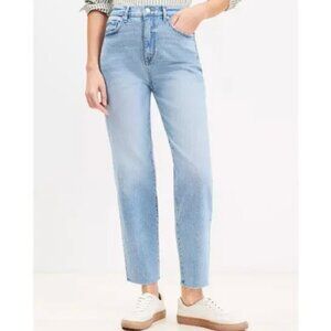 LOFT The Straight High Rise Jeans Size 32 Light Wash Raw Hem Stretch EUC